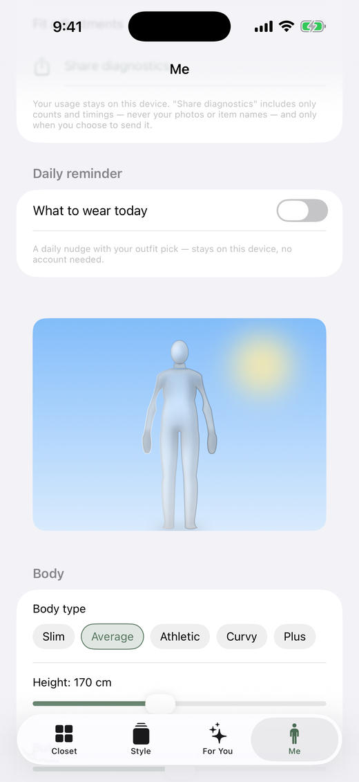 Adjusting body type and height so the figure matches your proportions